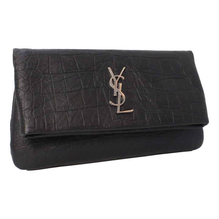 Saint Laurent West Hollywood Black Leather Croc Embossed Clutch 601313