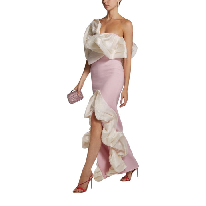 Pleated Organza Crepe Ruffle Gown