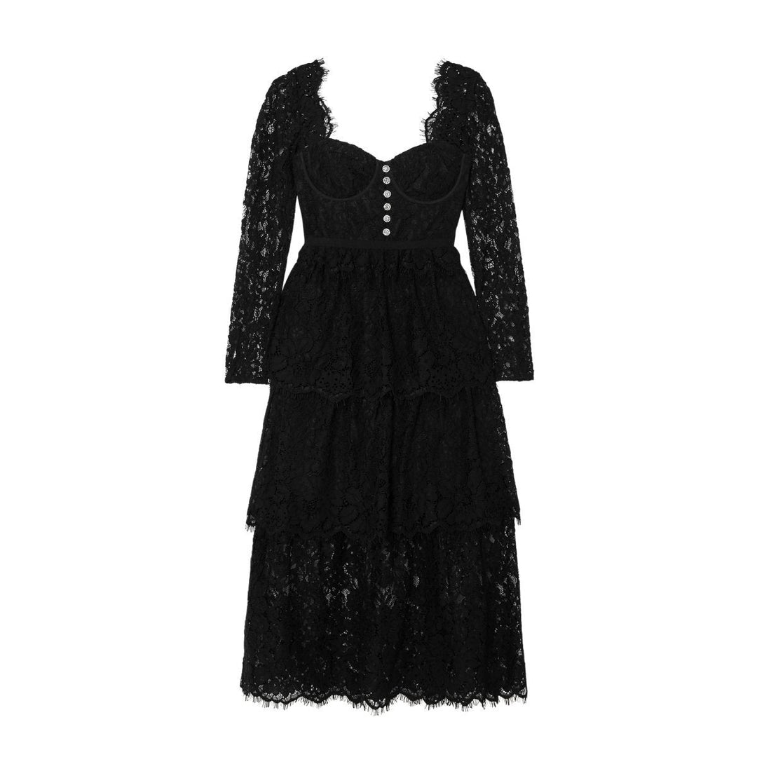 Self-Portrait-Black Fine Corded Lace Tiered Midi Dress - Runway Catalog