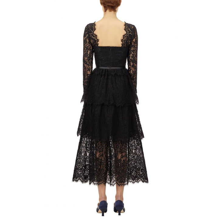 Black Fine Corded Lace Tiered Midi Dress