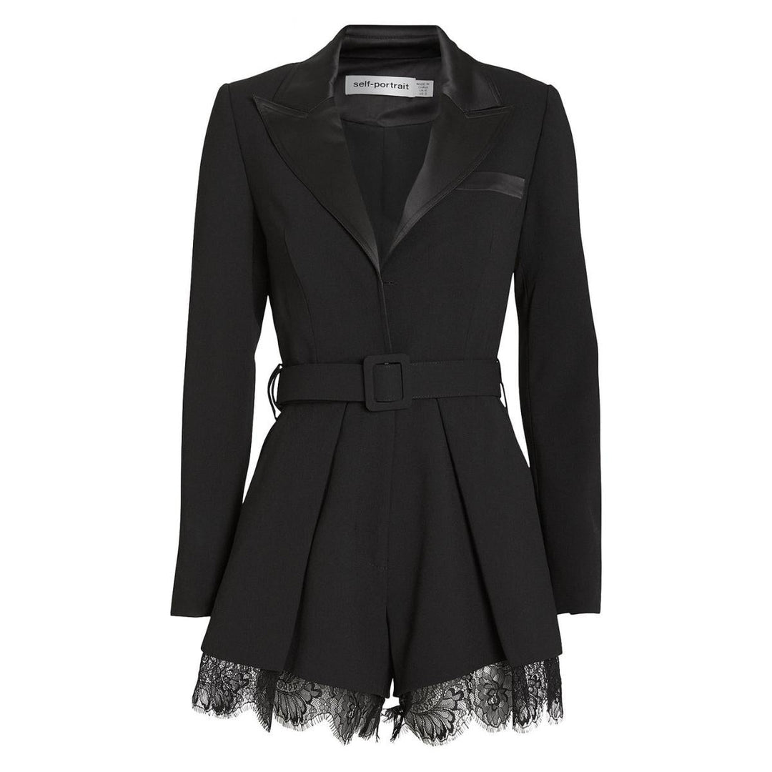 Self-Portrait-Black Lace And Satin-trimmed Crepe Playsuit - Runway Catalog