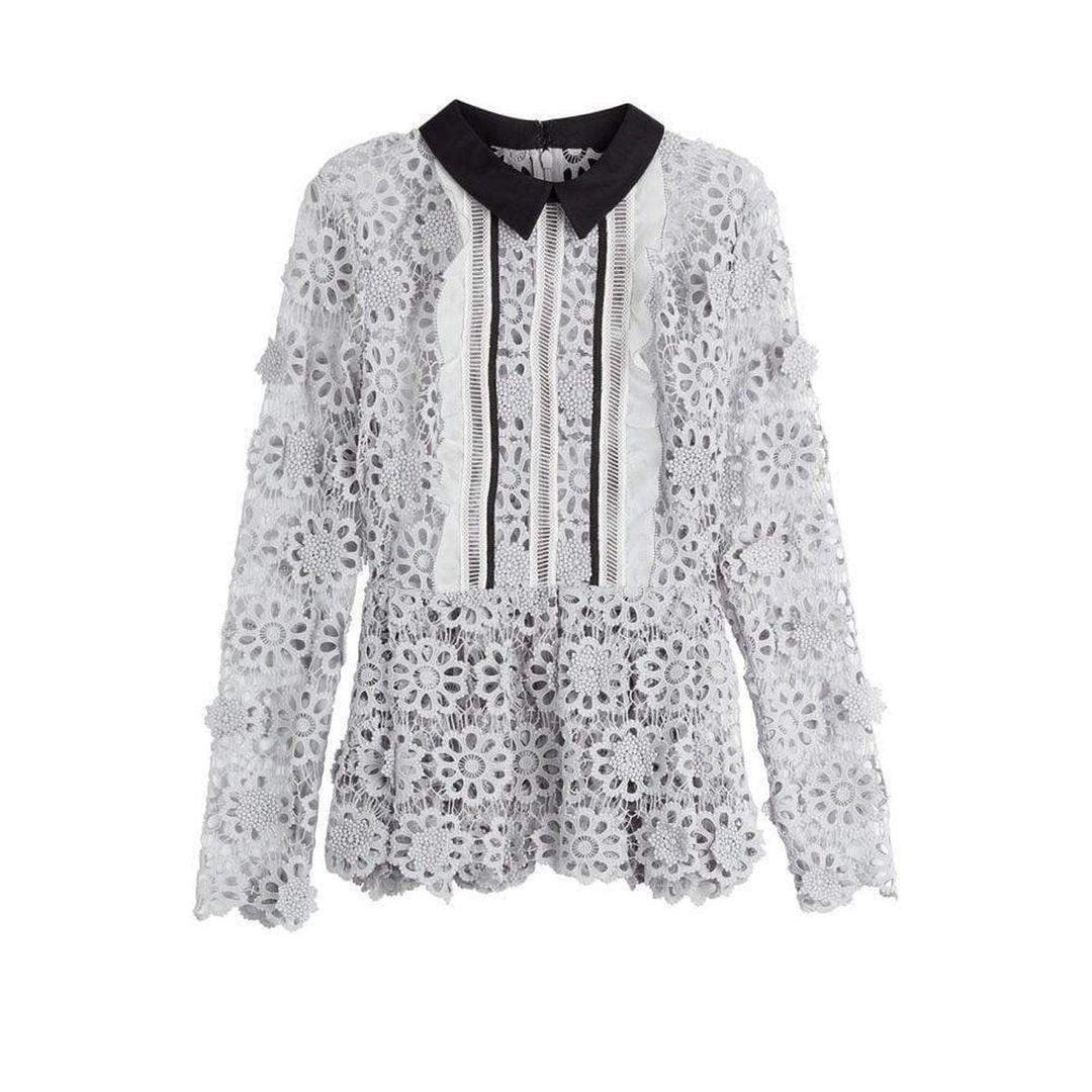 Self-Portrait-Ice Grey 3D Floral Guipure Lace Shirt - Runway Catalog