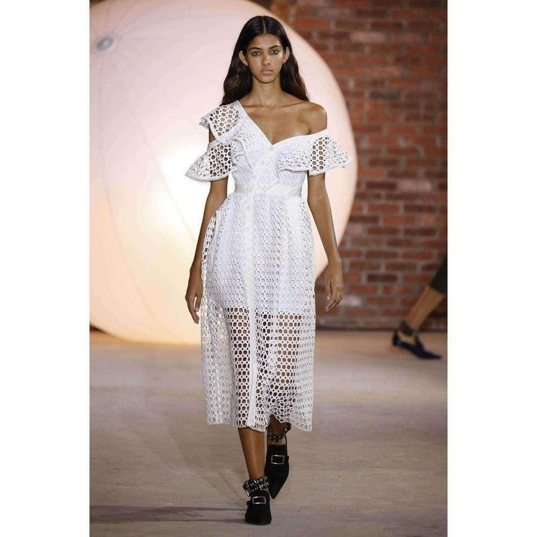 One Shoulder Guipure-lace Runway Midi Dress