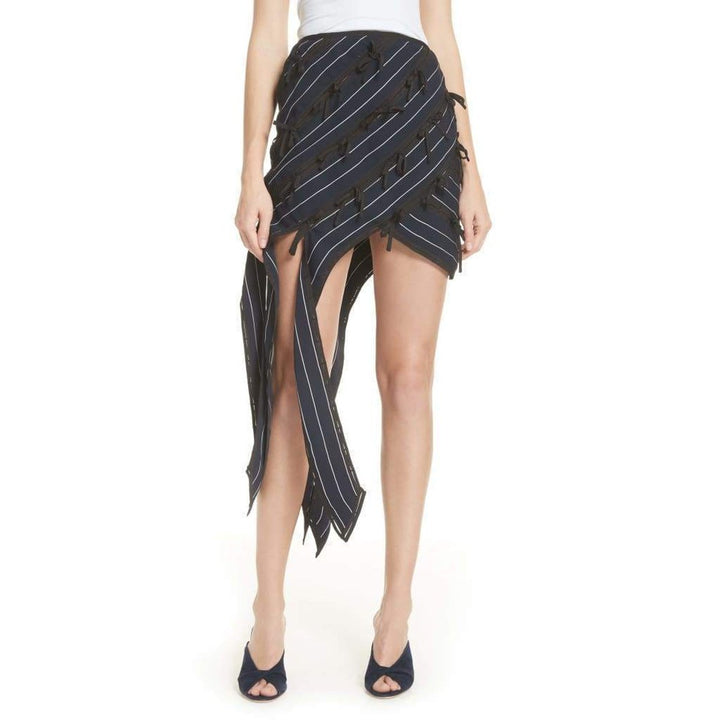 Pinstripe Ribbon Asymmetric Panelled Mini Skirt