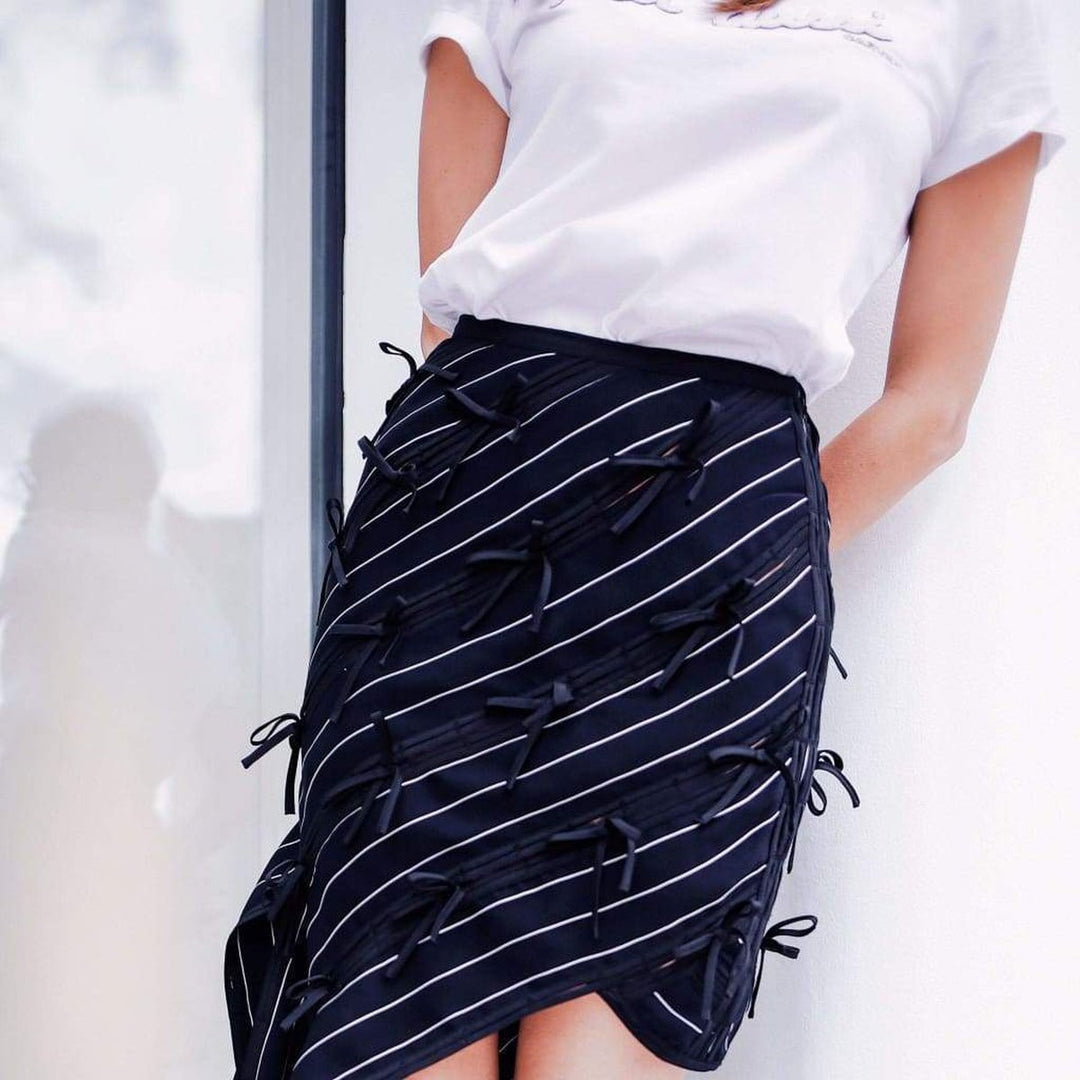 Pinstripe Ribbon Asymmetric Panelled Mini Skirt