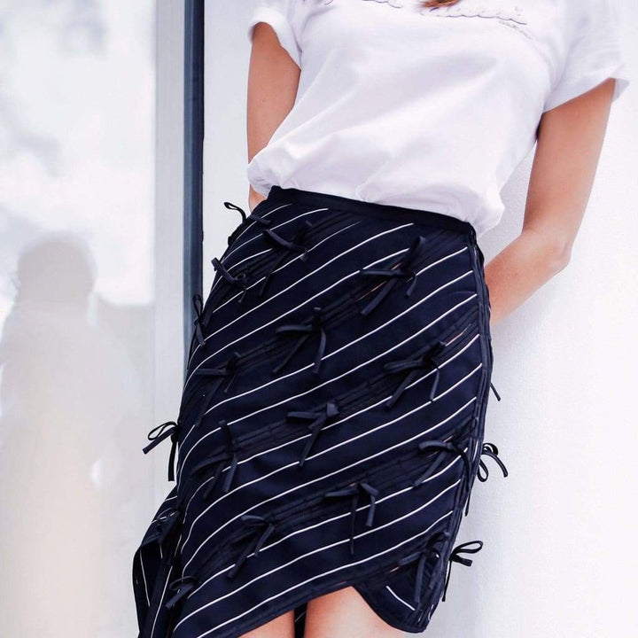 Pinstripe Ribbon Asymmetric Panelled Mini Skirt