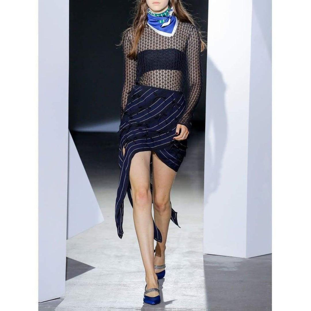 Pinstripe Ribbon Asymmetric Panelled Mini Skirt