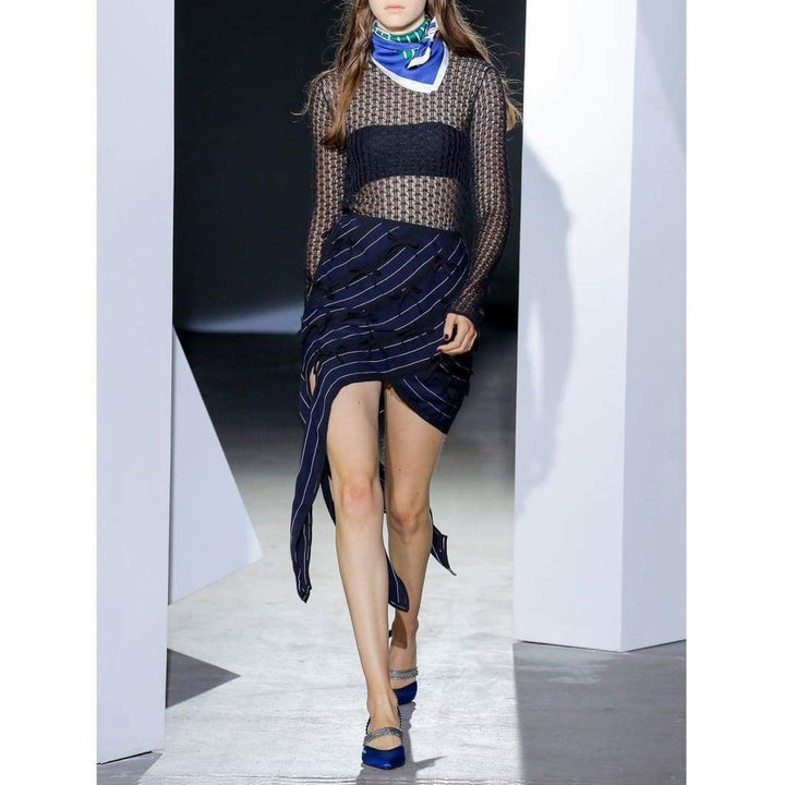 Pinstripe Ribbon Asymmetric Panelled Mini Skirt
