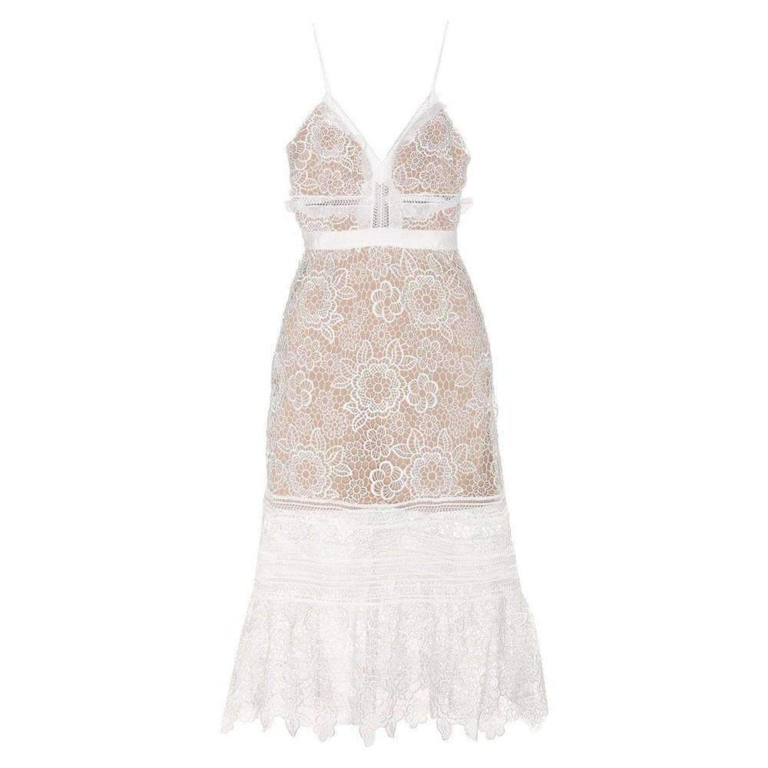 Self-Portrait-White Floral Lace Midi Dress - Runway Catalog