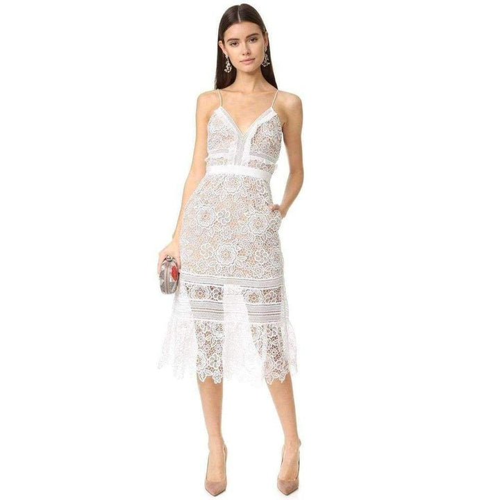 White Floral Lace Midi Dress