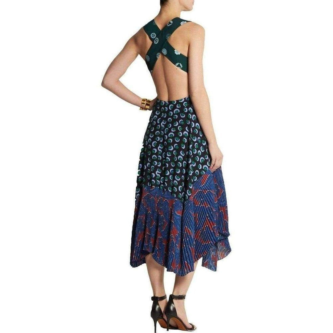 Caroline asymmetric printed silk and crepe dress