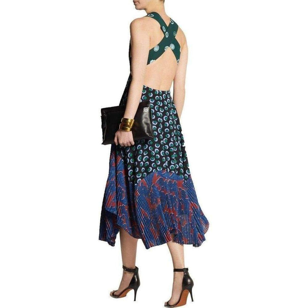 Caroline asymmetric printed silk and crepe dress