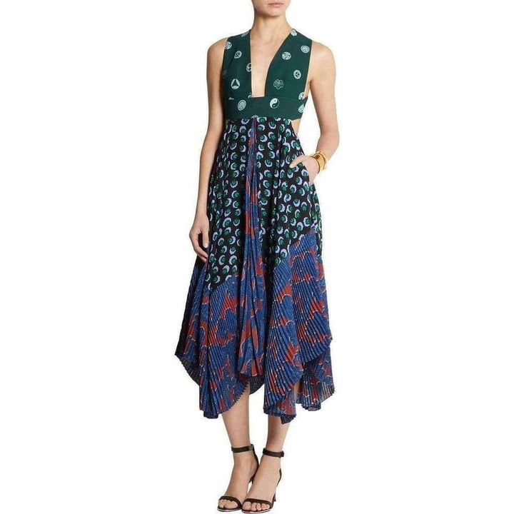 Caroline asymmetric printed silk and crepe dress