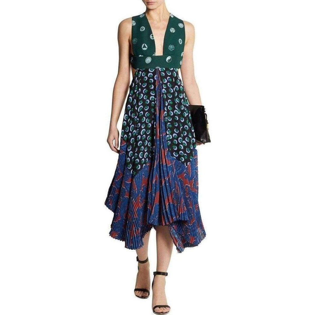 Caroline asymmetric printed silk and crepe dress