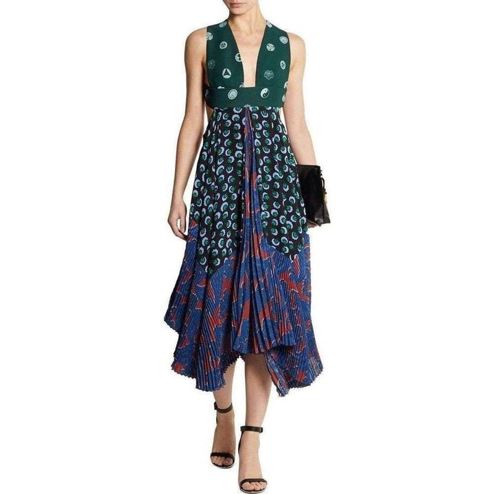 Caroline asymmetric printed silk and crepe dress