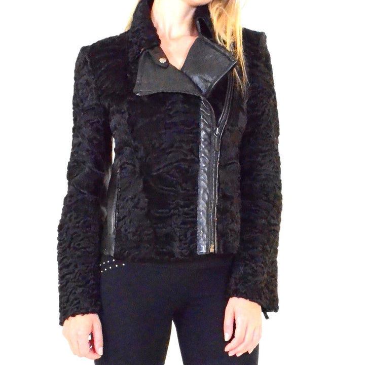 Black Astrakhan Lamb Fur Karakul Biker Jacket