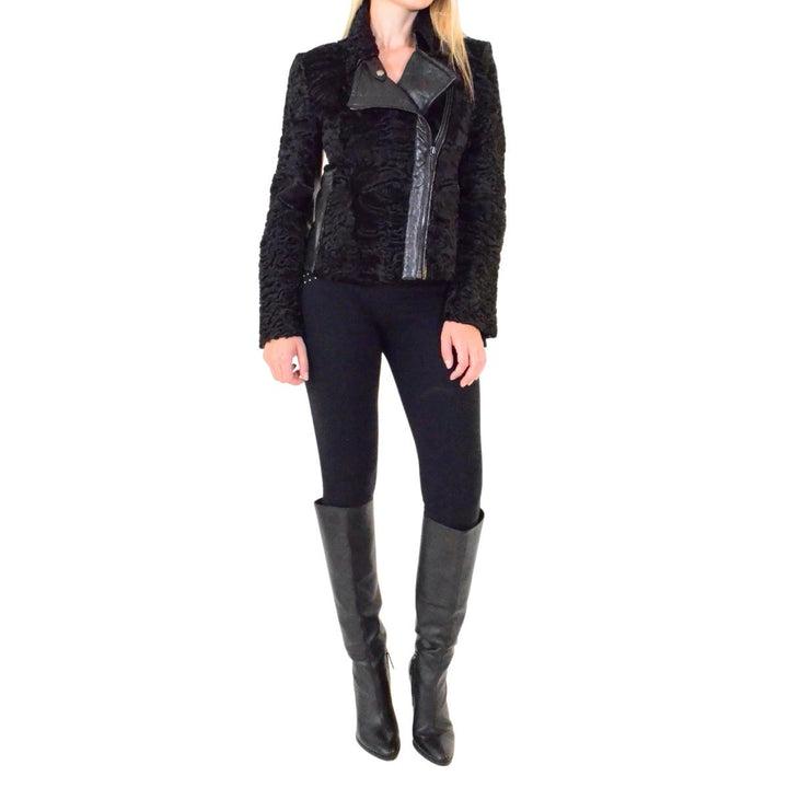 Black Astrakhan Lamb Fur Karakul Biker Jacket