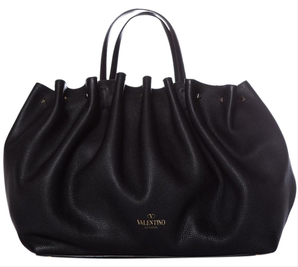 Valentino Blackvalentino Ruched Rockstud Black Leather Tote