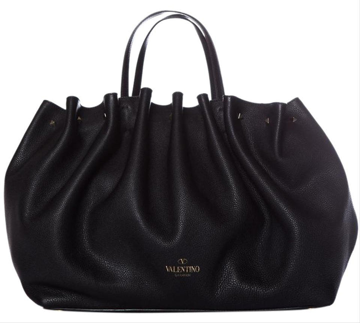 Valentino Blackvalentino Ruched Rockstud Black Leather Tote