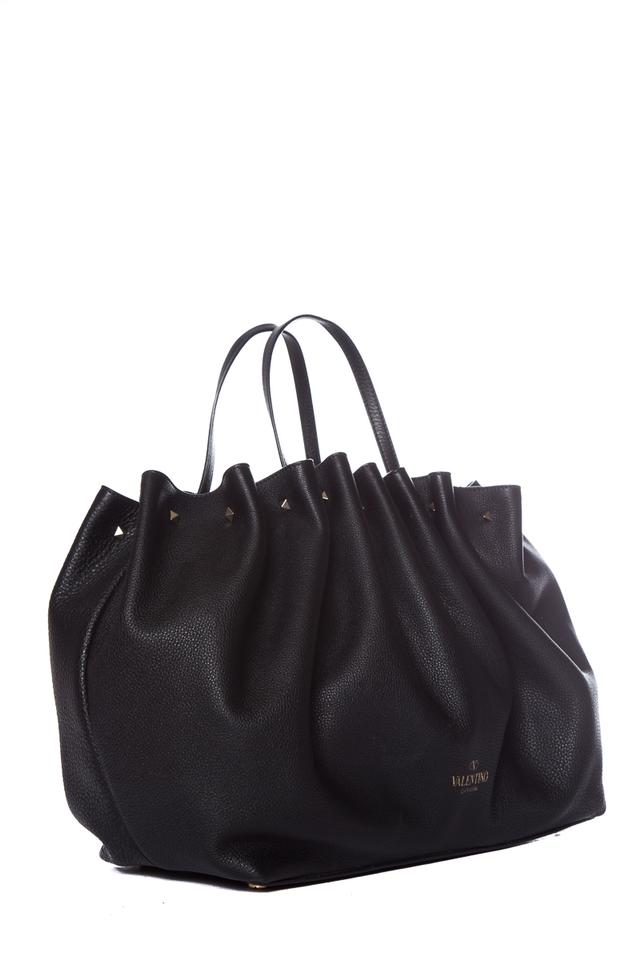 Valentino Blackvalentino Ruched Rockstud Black Leather Tote