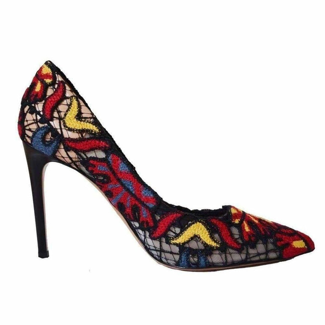 Valentino-Ethnic Embroidered Lace over Leather Pumps - Runway Catalog