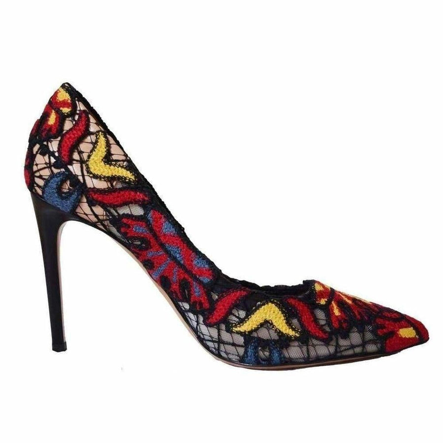 Valentino-Ethnic Embroidered Lace over Leather Pumps - Runway Catalog