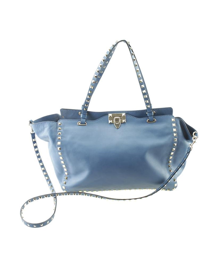 Valentino Medium Rockstud Trapeze 2- Way Blue Leather Tote