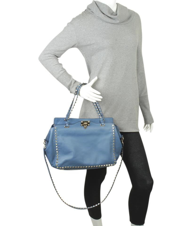 Valentino Medium Rockstud Trapeze 2- Way Blue Leather Tote
