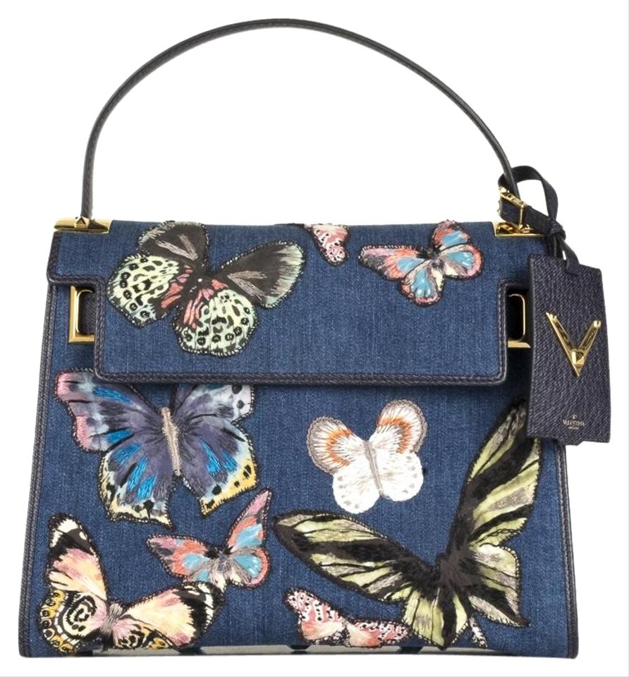Valentino Rockstud Embroidered Textured-leather Tote Blue Denim Shoulder Bag