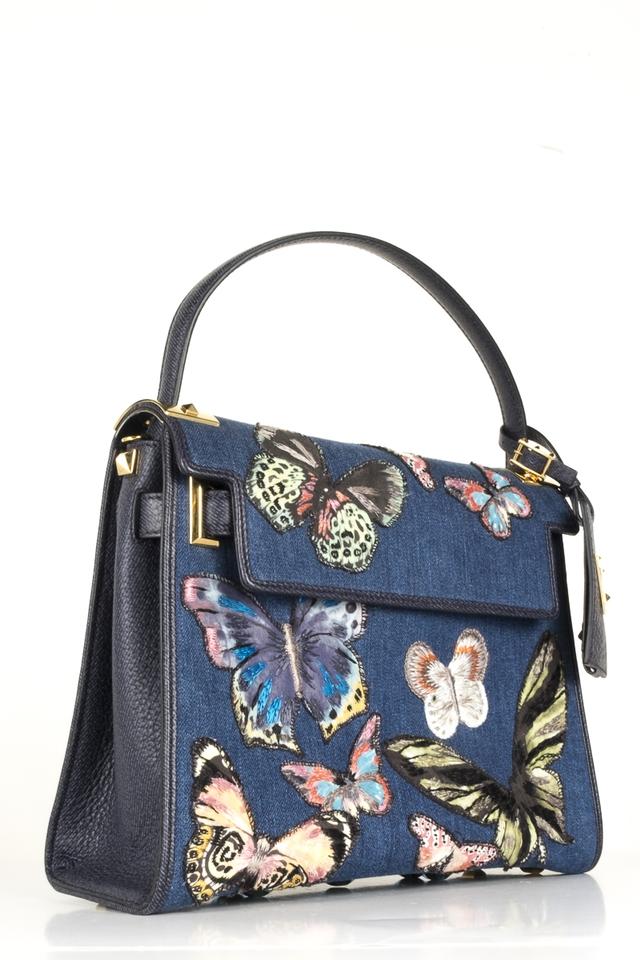 Valentino Rockstud Embroidered Textured-leather Tote Blue Denim Shoulder Bag