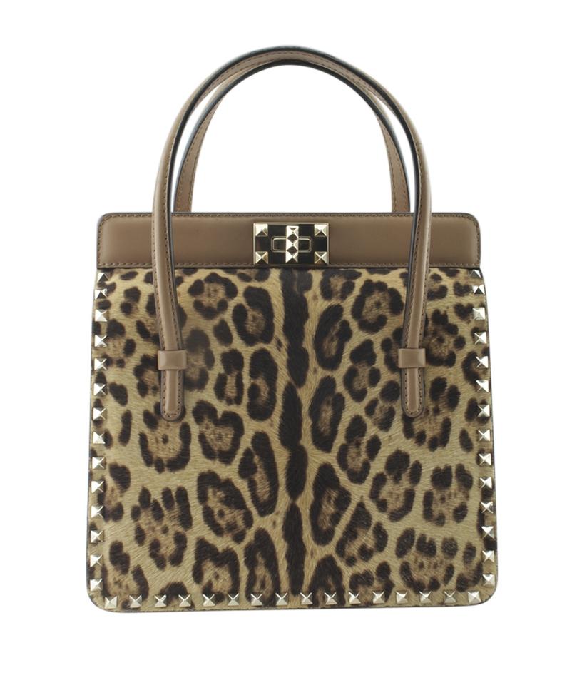 Valentino Rockstud Frame Leopard Hair & Leather Brown Pony Hairxleather Tote