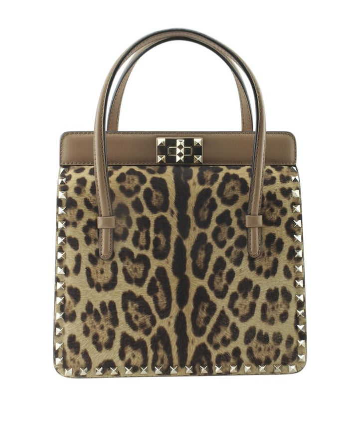 Valentino Rockstud Frame Leopard Hair & Leather Brown Pony Hairxleather Tote