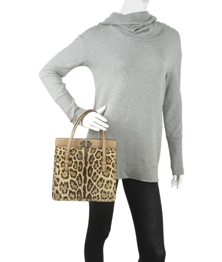 Valentino Rockstud Frame Leopard Hair & Leather Brown Pony Hairxleather Tote