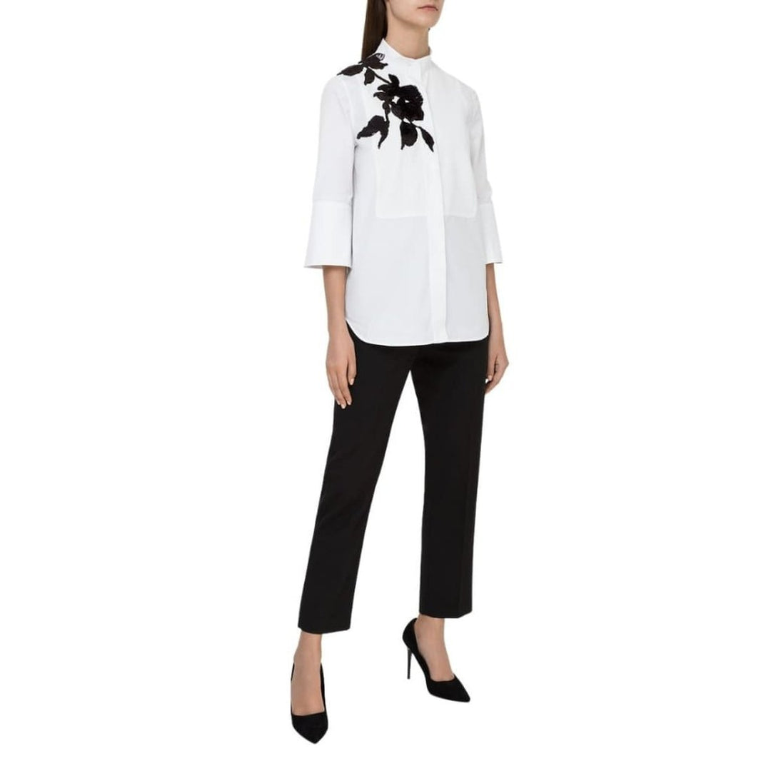 White Floral Embroidery Cotton Shirt with Tie