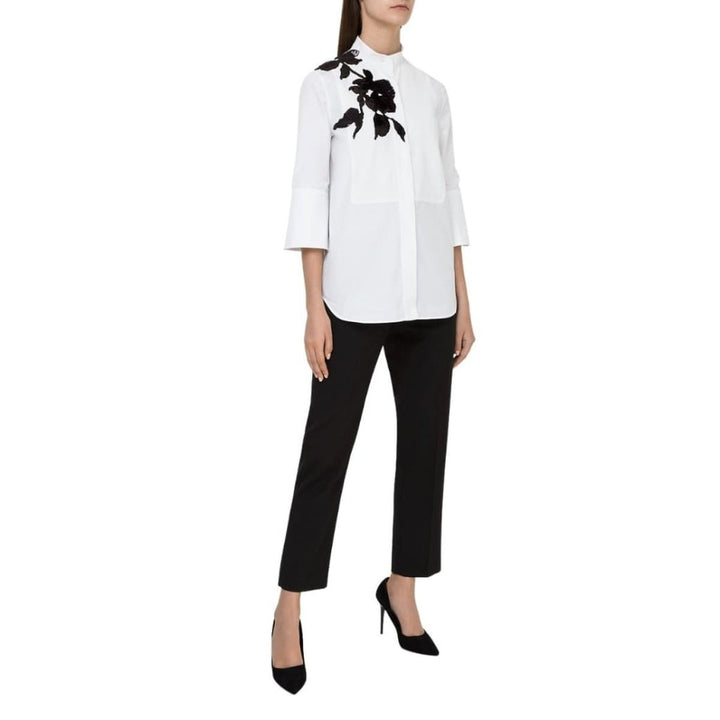 White Floral Embroidery Cotton Shirt with Tie