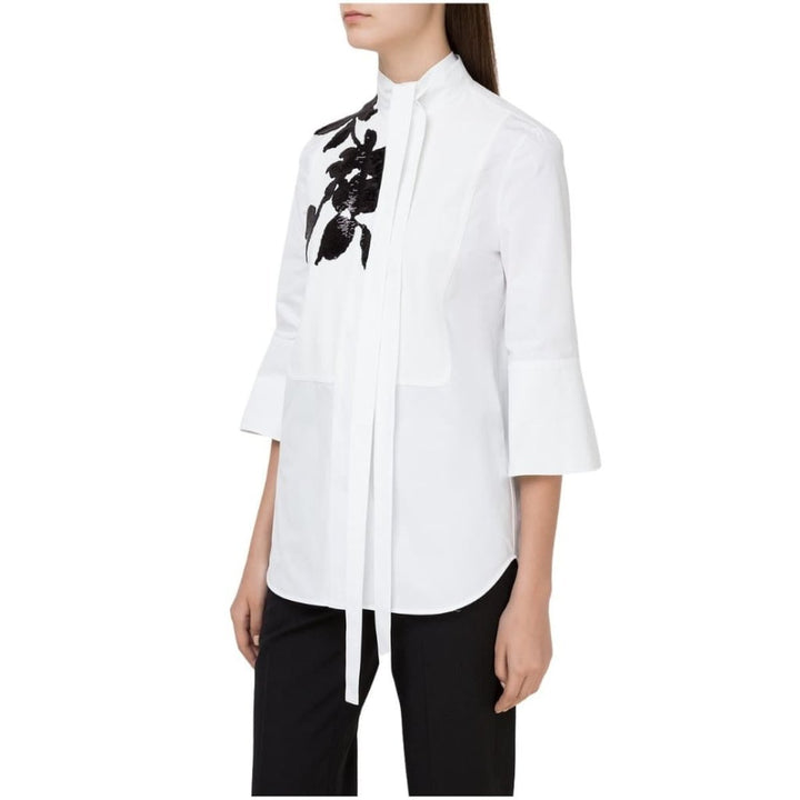 White Floral Embroidery Cotton Shirt with Tie