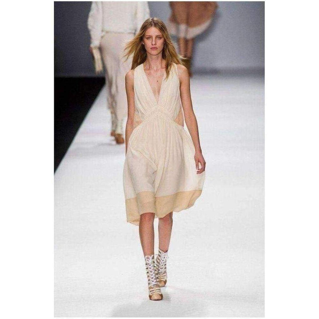 Beige Color Blocked Silk Dress
