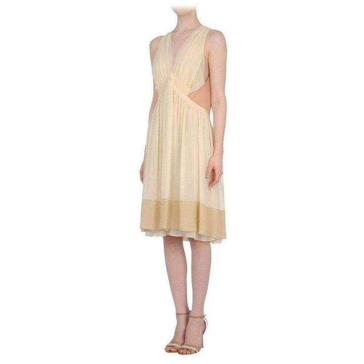 Beige Color Blocked Silk Dress