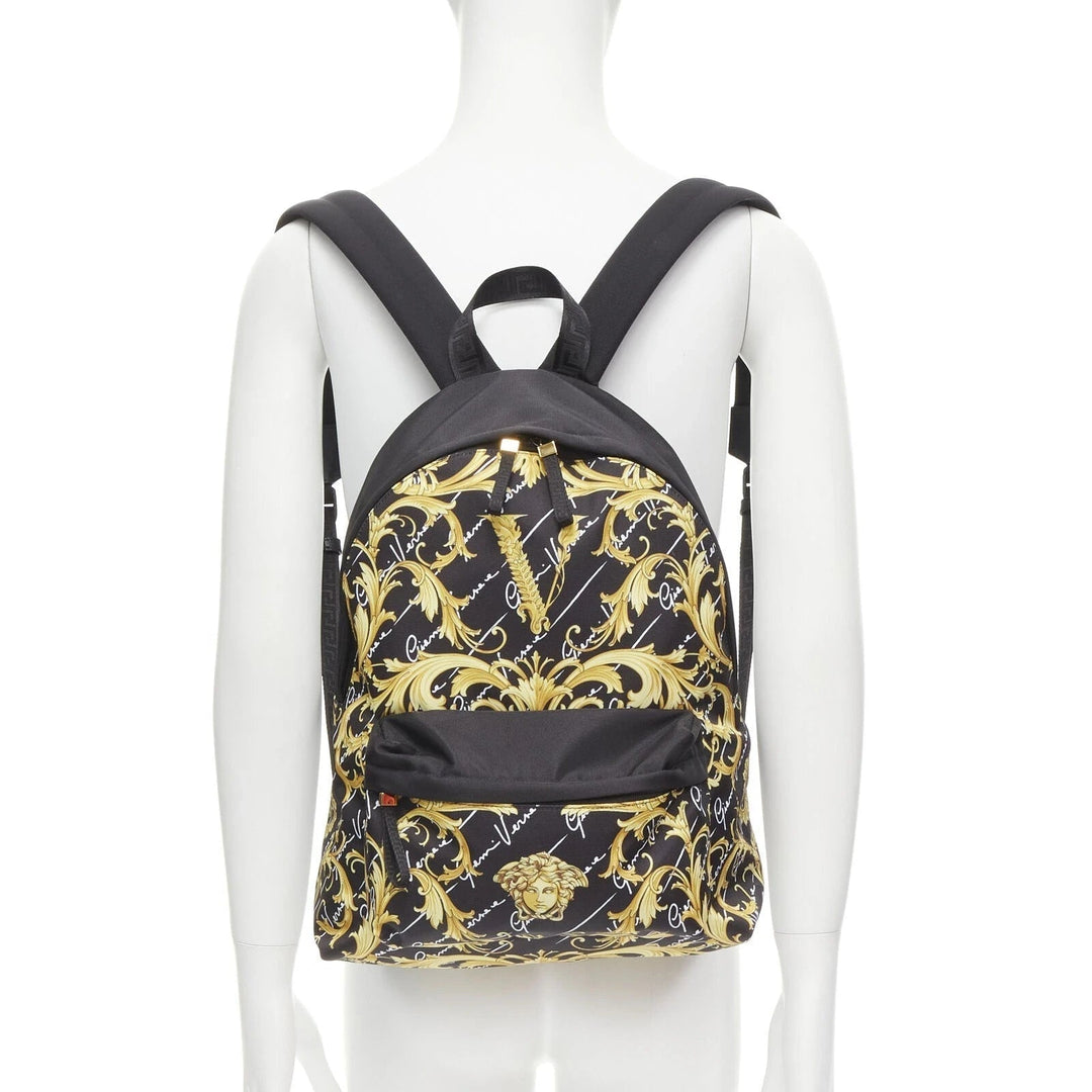 Versace Black Nylon Barocco Signature Print Zip Backpack 1002886