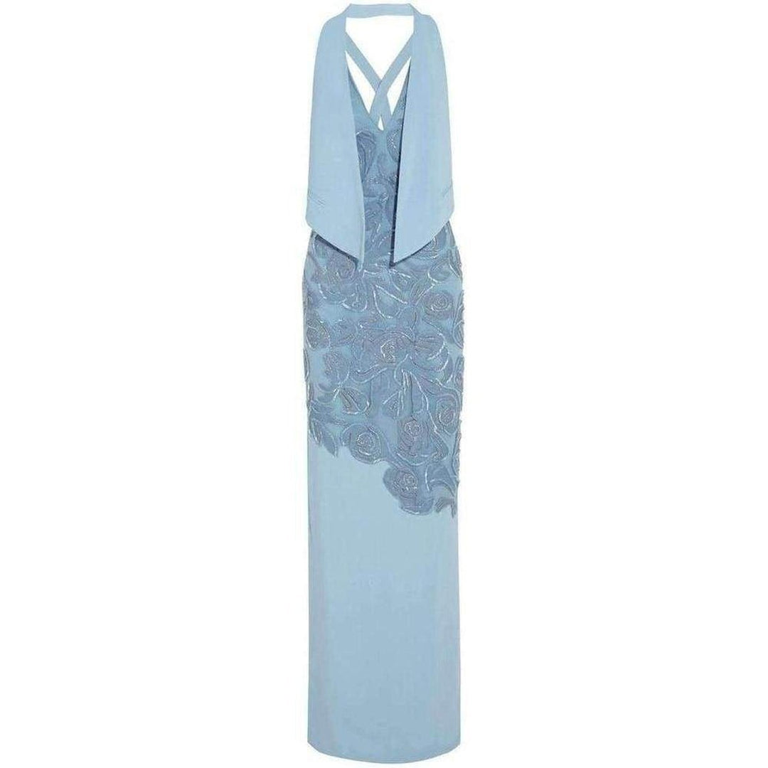 Blue Leather Cutout Lace Embellished Gown
