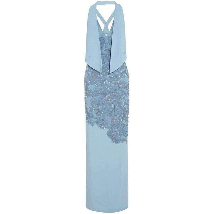 Blue Leather Cutout Lace Embellished Gown