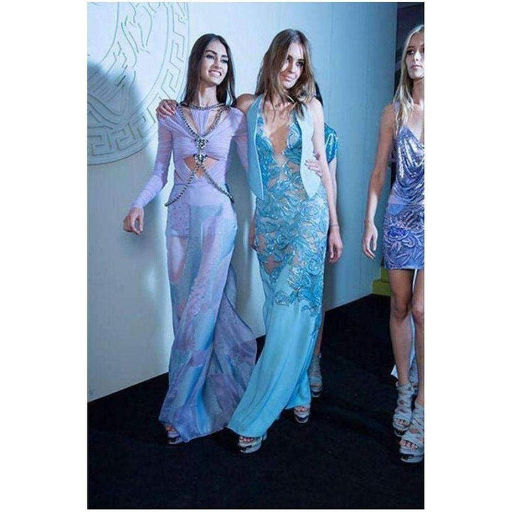 Blue Leather Cutout Lace Embellished Gown