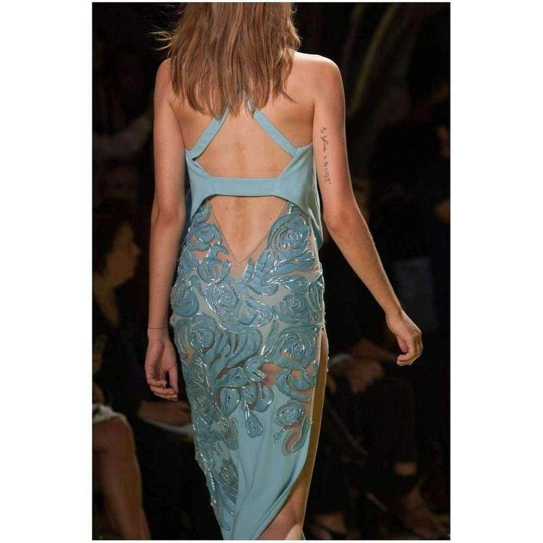 Blue Leather Cutout Lace Embellished Gown