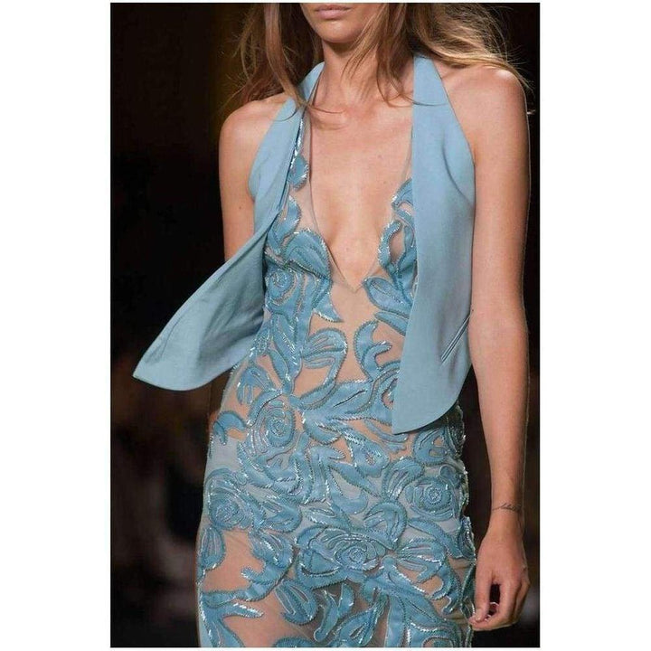 Blue Leather Cutout Lace Embellished Gown
