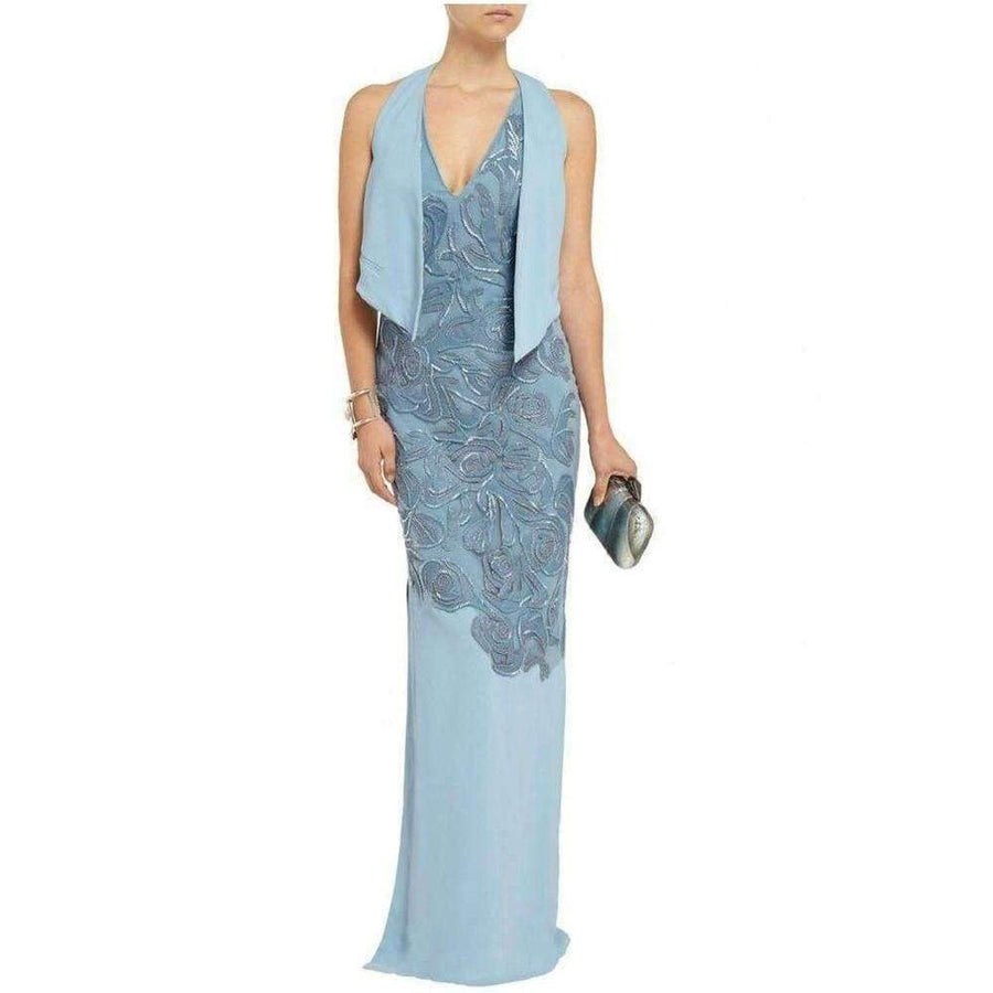 Versace-Blue Leather Cutout Lace Embellished Gown - Runway Catalog