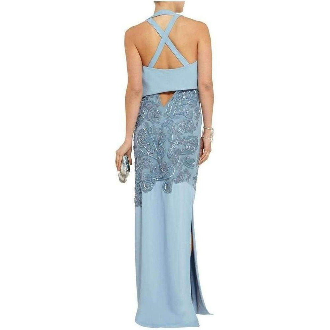 Blue Leather Cutout Lace Embellished Gown