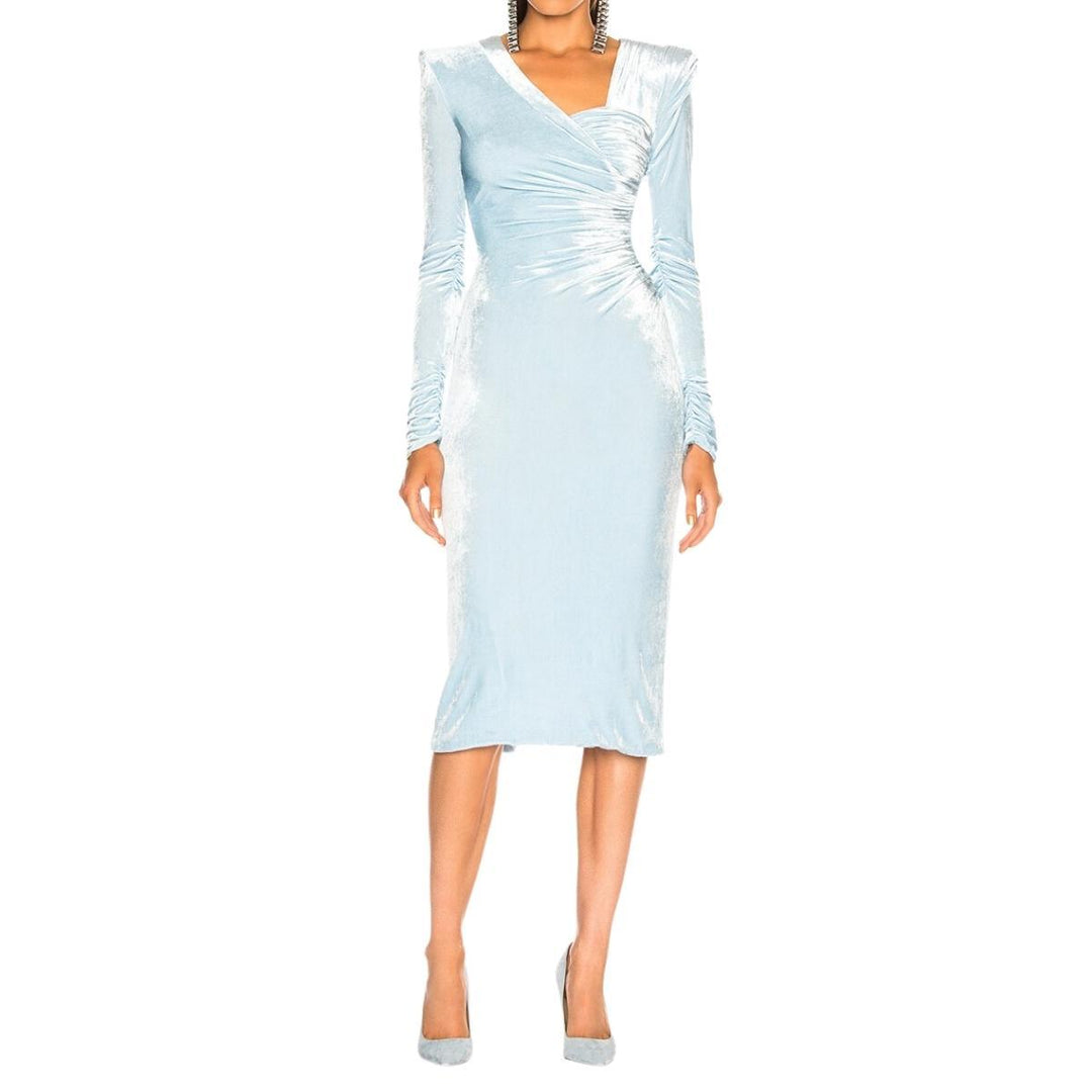 Versace-Blue Velvet Ruched Midi Dress - Runway Catalog