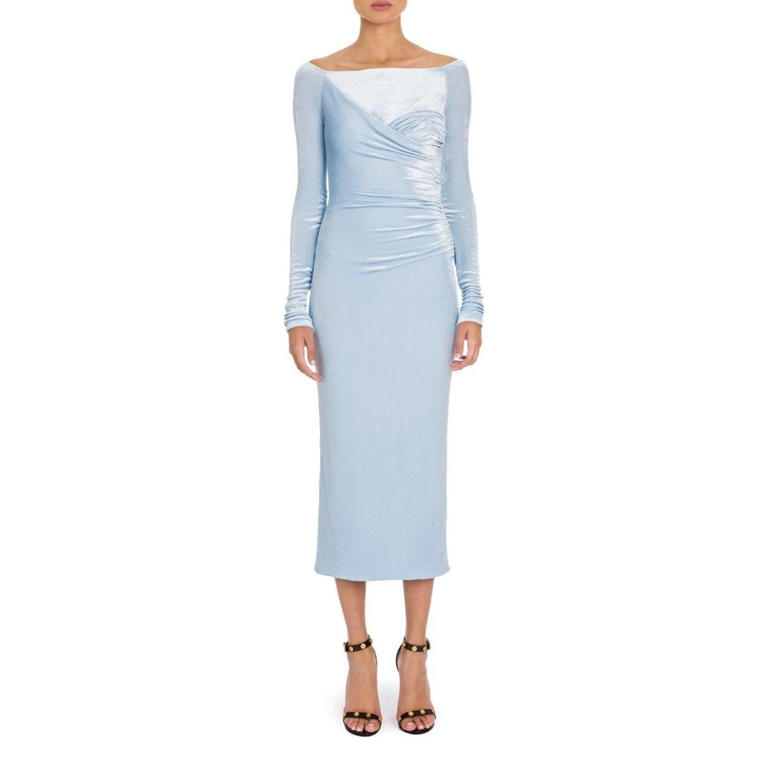 Blue Velvet Ruched Off Shoulder Midi Dress