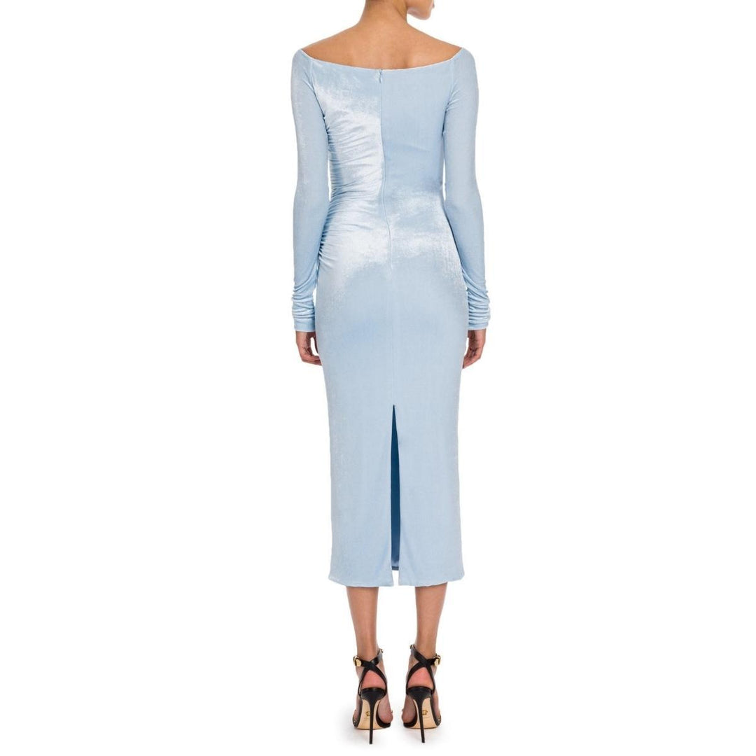 Blue Velvet Ruched Off Shoulder Midi Dress