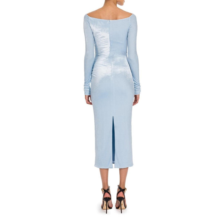 Blue Velvet Ruched Off Shoulder Midi Dress